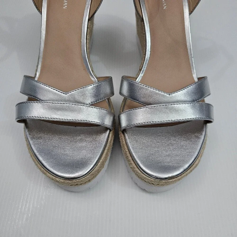 Stuart Weitzman Catalina Espadrille Wedge Sandal Size 10 Silver Leather Platform - Picture 5 of 16